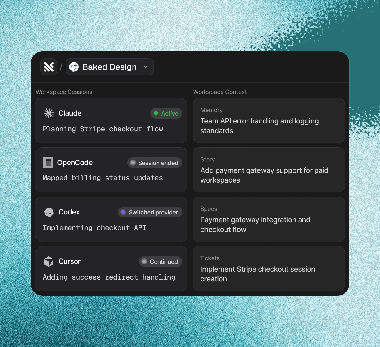 Workspace sessions across Claude, Codex, and Cursor beside the shared workspace context