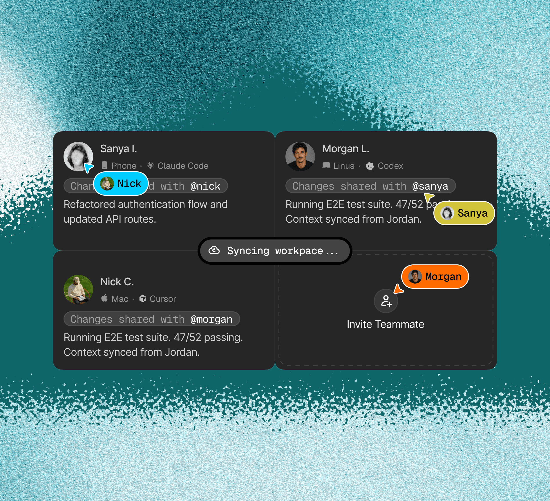 Teammates on different devices and providers sharing synced workspace changes